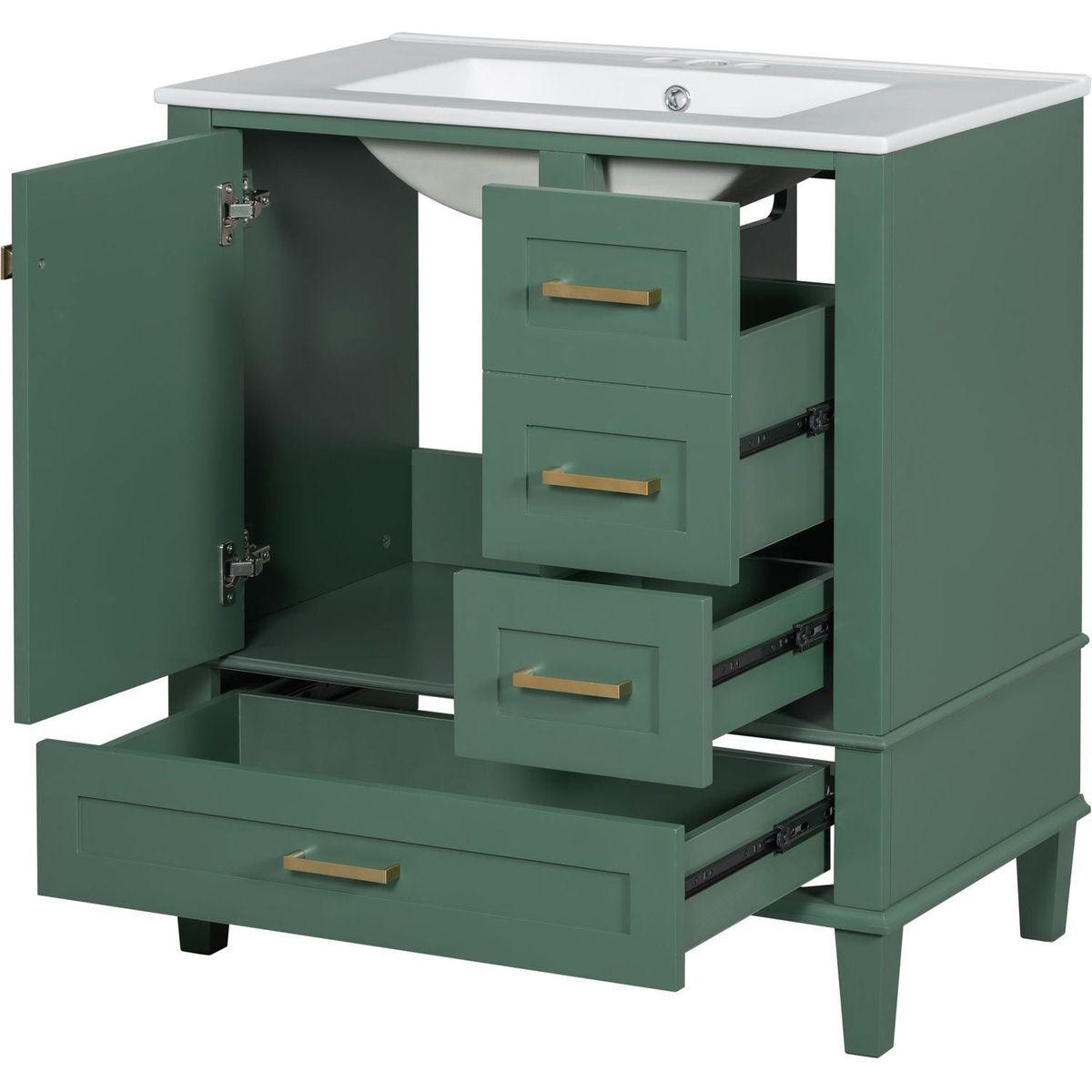 30" Bathroom Vanity in Green, Modern Bathroom Cabinet with Sink Combo Set, Bathroom Storage Cabinet with a Soft Closing Door and 3 Drawers, Solid Wood Frame