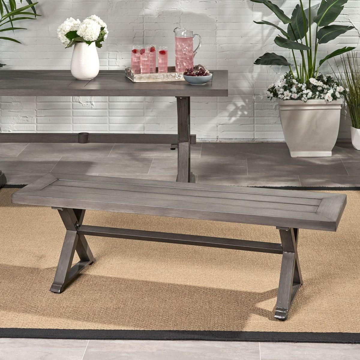 Modern Outdoor Aluminum Dining Bench, Dark Gray