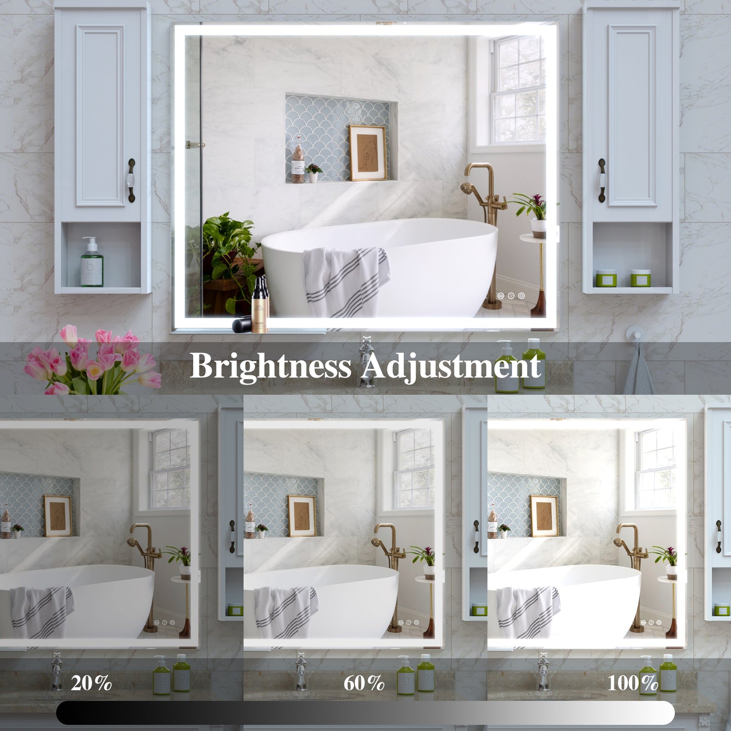 32x40 inch LED Bathroom Vanity Mirror Wall Mounted Adjustable White/Warm/Natural Lights Anti-Fog Touch Switch with Memory Modern Smart Large Bathroom Mirrors