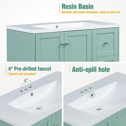 36 Inch Modern Bathroom Vanity with USB Charging, Two Doors and Three Drawers Bathroom Storage Vanity Cabinet, Small Bathroom Vanity cabinet with single sink, Green - Faucets Not Included