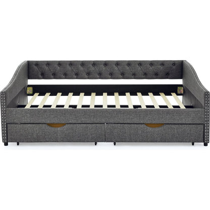 Queen Size Daybed with Drawers Upholstered Tufted Sofa Bed,,with Button on Back and Copper Nail on Waved Shape Arms(84.5"x63.5"x26.5")