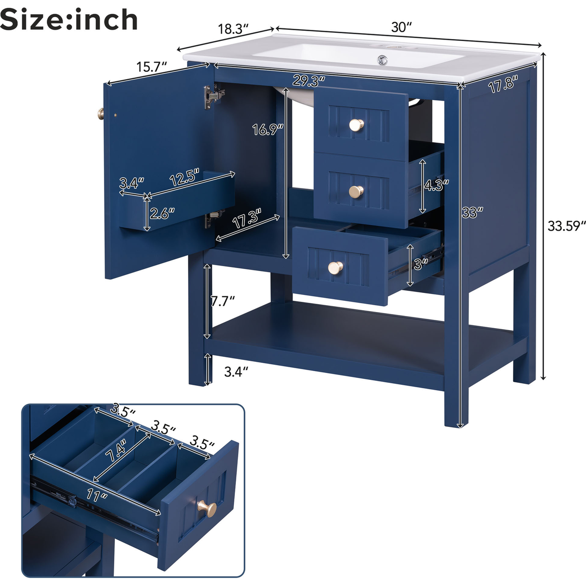 30inch Transitional Style Bathroom Vanity Cabinet Combo with Ceramic Sink