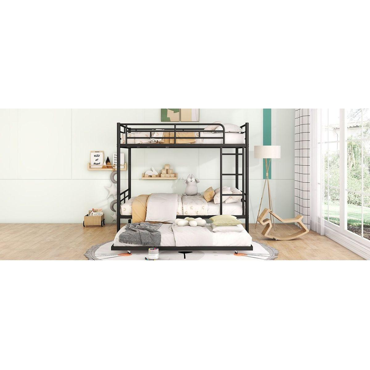 Full Over Full Metal Bunk Bed with Trundle, Black