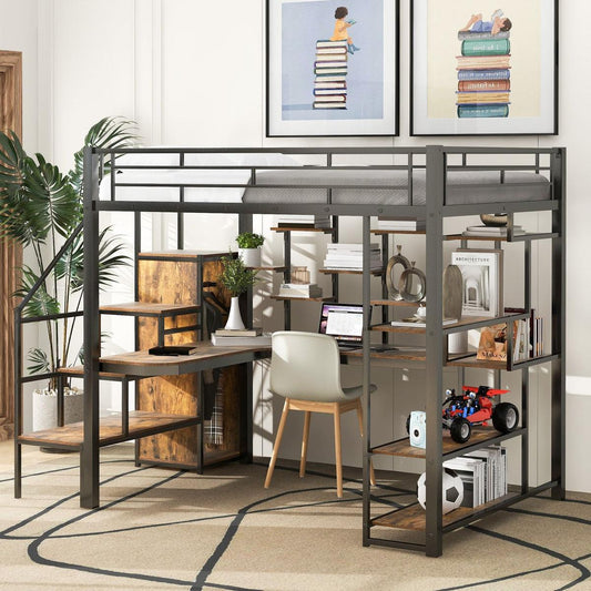 Full Size Metal Loft Bed with Storage Staircase and Small Wardrobe, Built-in Desk and Storage Shelves, Black