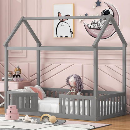 Twin Size Wood House Bed with Fence and Door, Gray