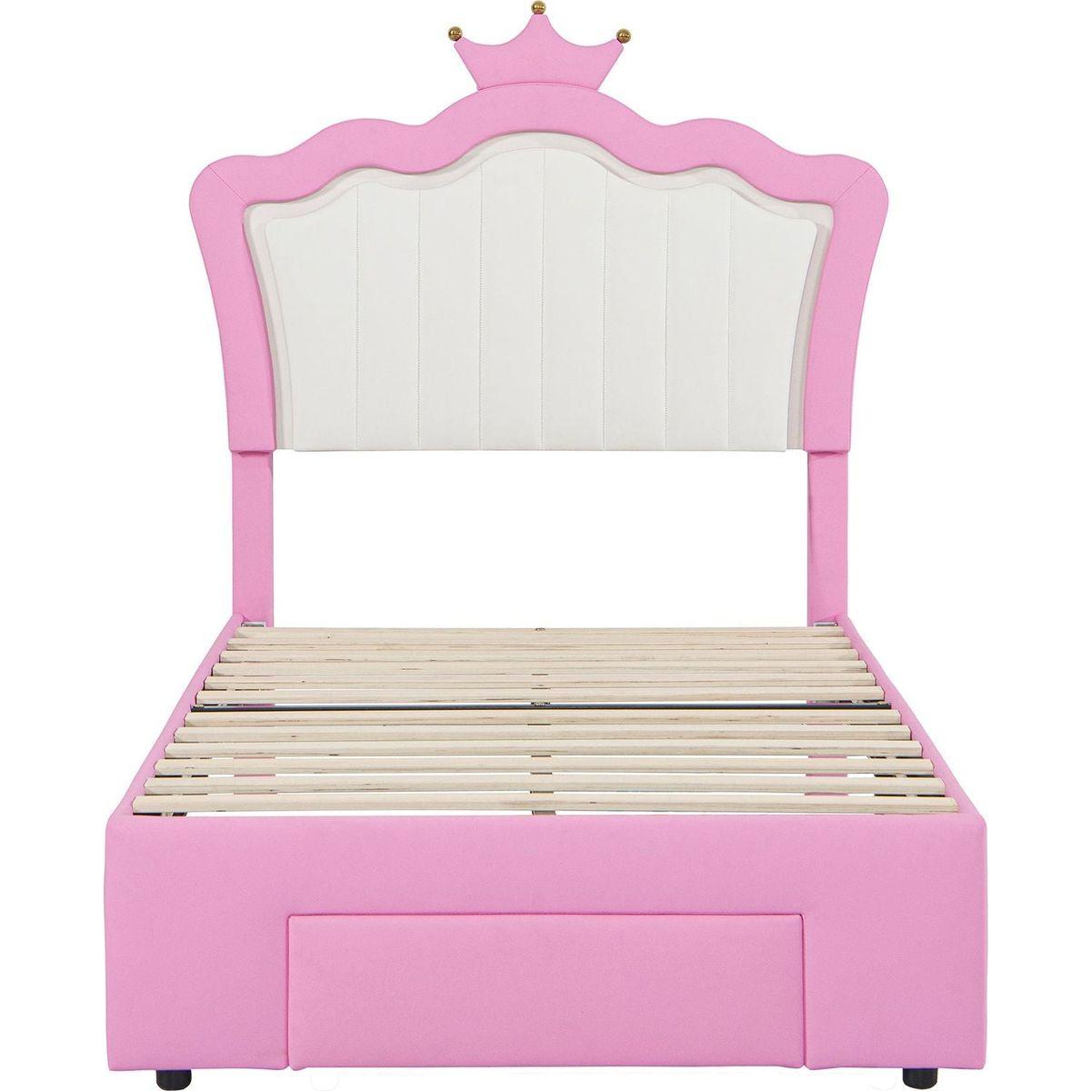 Twin Size Upholstered Bed Frame with LED Lights, Modern Upholstered Princess Bed with Crown Headboard, a Drawer, Pink+White