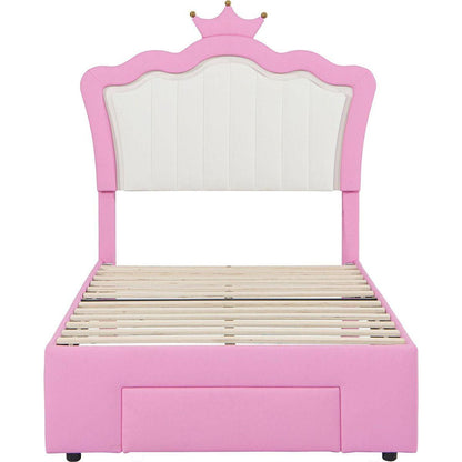 Twin Size Upholstered Bed Frame with LED Lights, Modern Upholstered Princess Bed with Crown Headboard, a Drawer, Pink+White