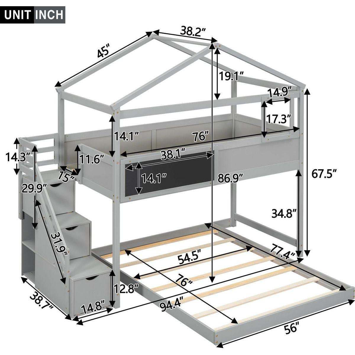Twin over Full House Bunk Bed with Storage Staircase and Blackboard,Gray