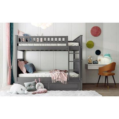 Full Over Full Bunk Bed with Twin Size Trundle, Pine Wood Bunk Bed with Guardrails, Brushed Gray