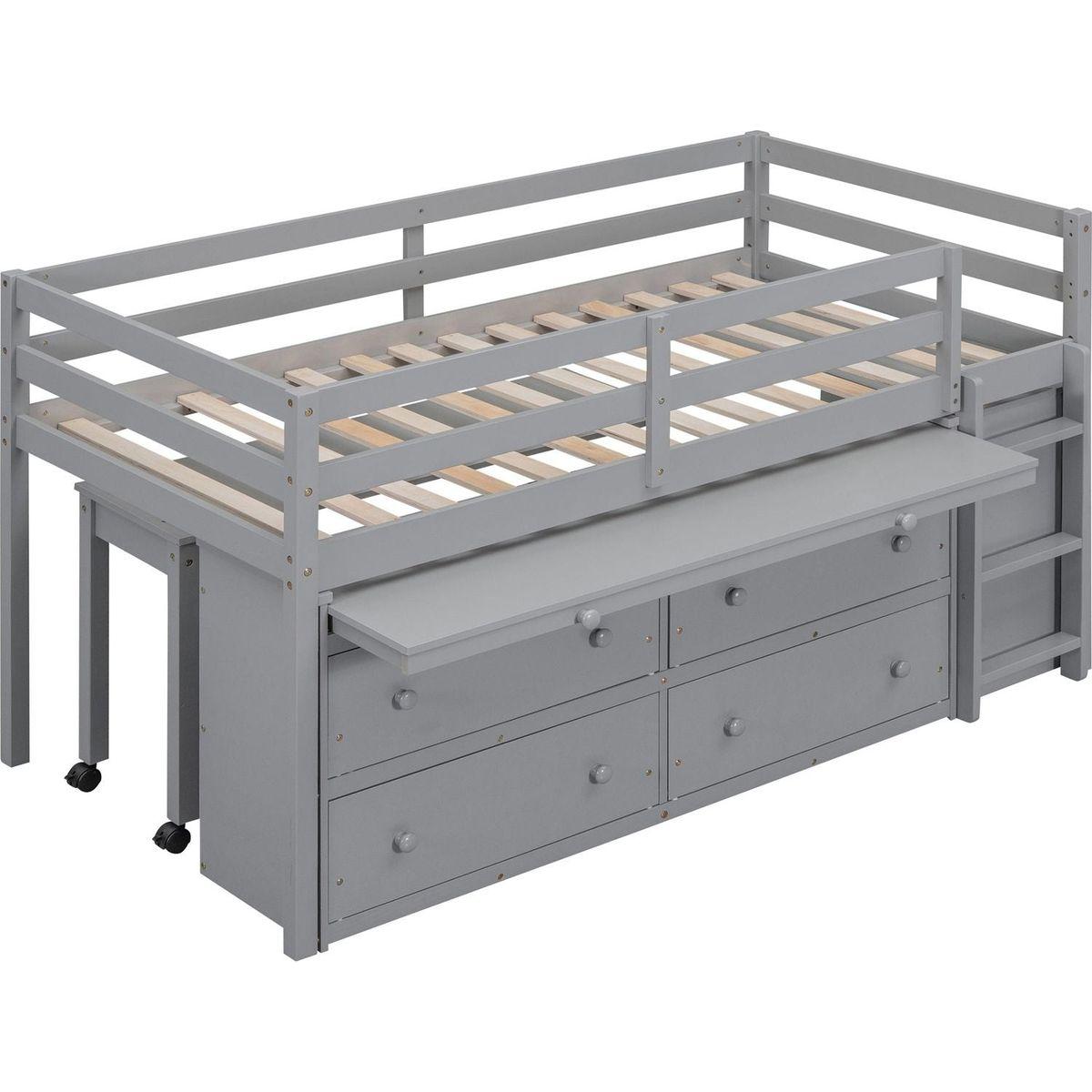 Twin Size Loft Bed with Retractable Writing Desk and 4 Drawers, Wooden Loft Bed with Lateral Portable Desk and Shelves, Gray