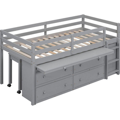 Twin Size Loft Bed with Retractable Writing Desk and 4 Drawers, Wooden Loft Bed with Lateral Portable Desk and Shelves, Gray