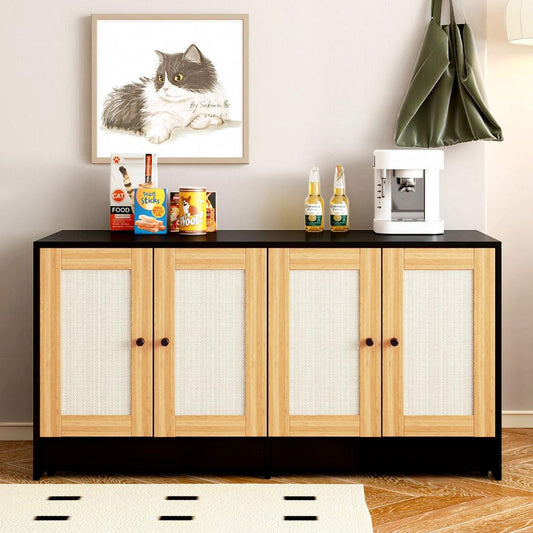 Double Litter Box Enclosure,Cat Litter Box Enclosure for 2 Cats, Hidden Litter Box Furniture with Rattan Doors, 47" L x 19.8" W x 21.8" H,Black
