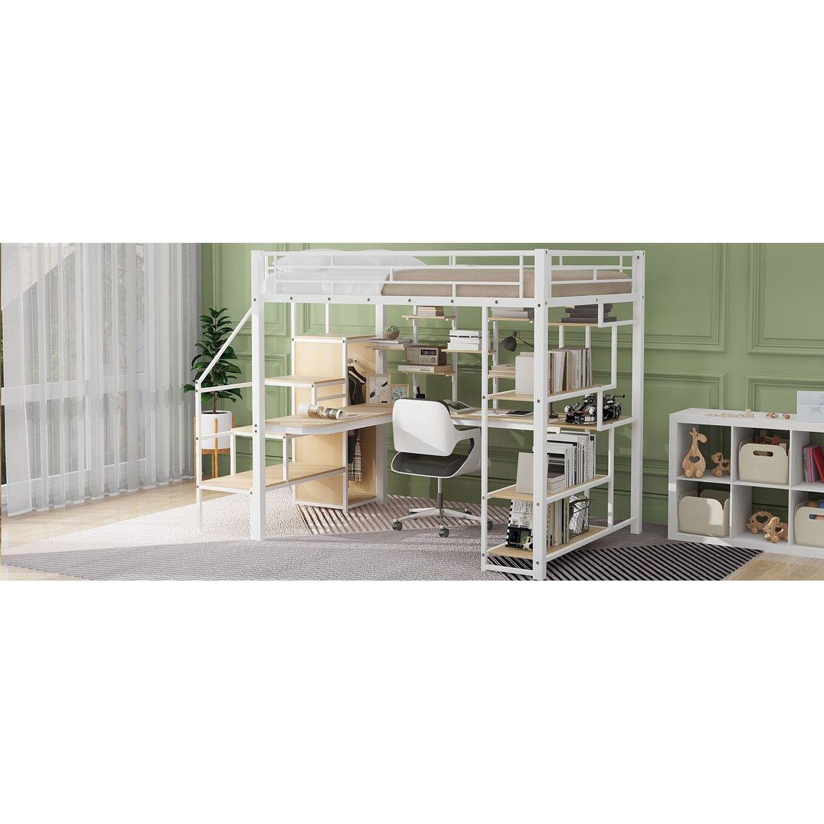 Full Size Metal Loft Bed with Storage Staircase and Small Wardrobe, Built-in Desk and Storage Shelves, White