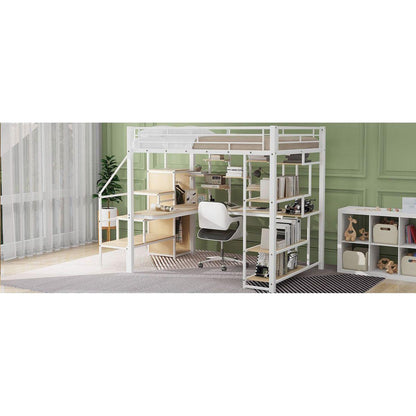 Full Size Metal Loft Bed with Storage Staircase and Small Wardrobe, Built-in Desk and Storage Shelves, White