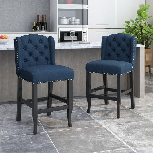 Vienna Contemporary Fabric Tufted Wingback 27 Inch Counter Stools, Set of 2, Navy Blue and Dark Brown - Streamdale Furniture