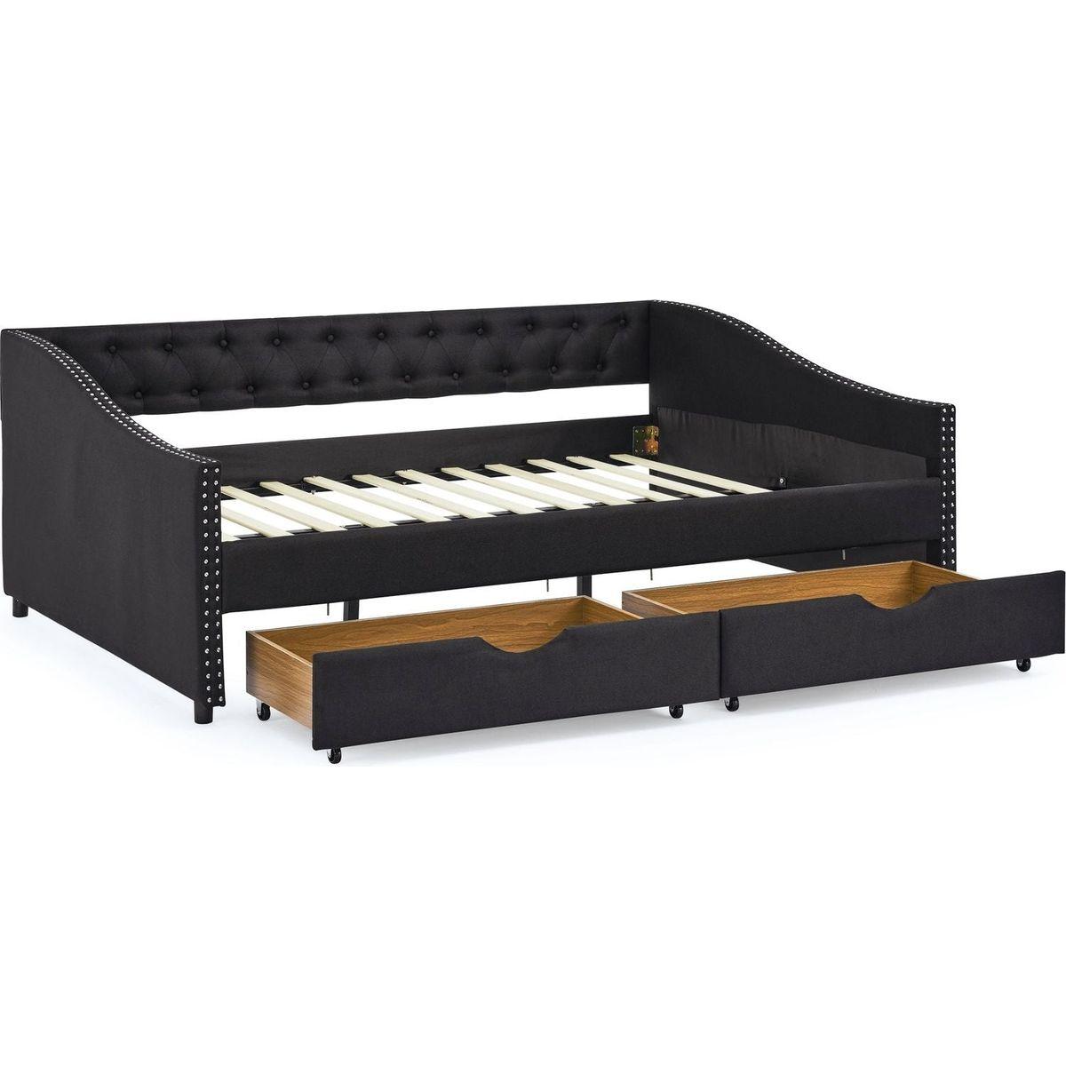 Full Size Daybed with Drawers Upholstered Tufted Sofa Bed, with Button on Back and Copper Nail on Waved Shape Arms(80.5"x55.5"x27.5")