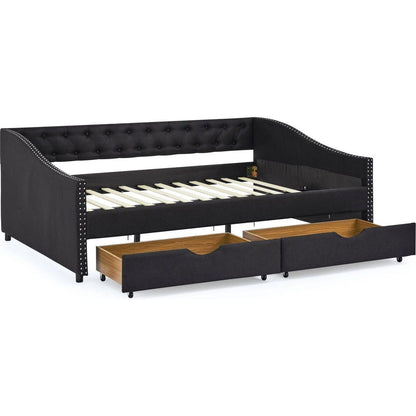 Full Size Daybed with Drawers Upholstered Tufted Sofa Bed, with Button on Back and Copper Nail on Waved Shape Arms(80.5"x55.5"x27.5")