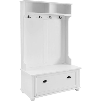 Classic Cosatal Style Hall Tree Entryway Bench with Open Shelves and Shoe Cabinets, SOLID WOOD Feet, White, 40.16"Wx18.58"Dx64.17"H