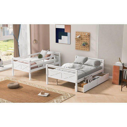 Twin over Full Bunk Bed with Ladder, Two Storage Drawers, Safety Guardrail, White
