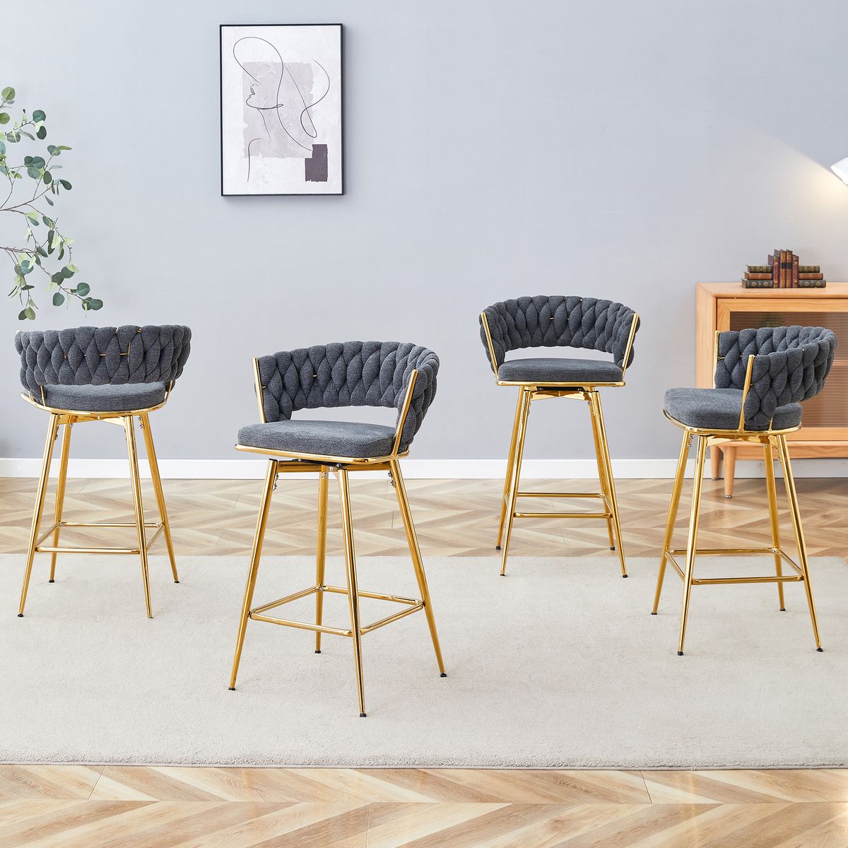 Four-piece rotating swivel chair, black cotton and linen soft seat surface, golden metal legs, rust-proof and wear-resistant, suitable for high tables in restaurants/bars