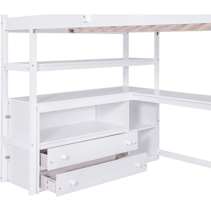Full Size Loft Bed with Desk and Shelves, Two Built-in Drawers, Storage Staircase, White