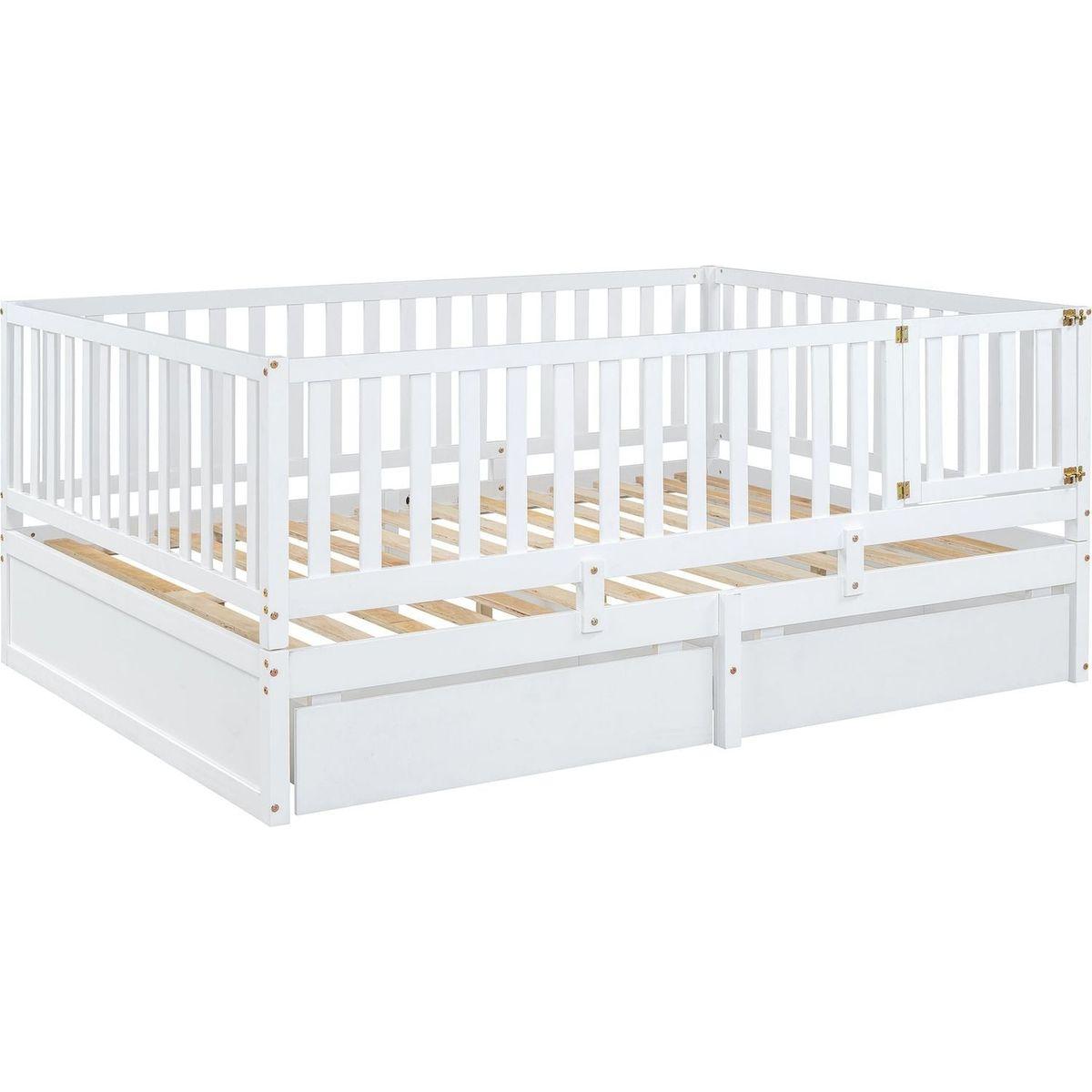 Full Size Wood Daybed with Fence Guardrails and 2 Drawers, Split into Independent Floor Bed & Daybed, White