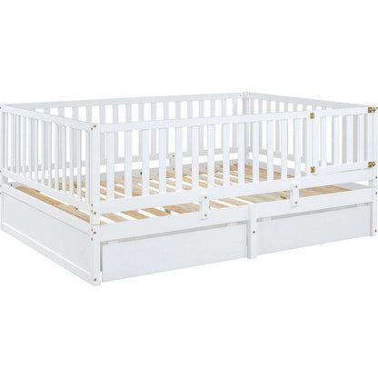 Full Size Wood Daybed with Fence Guardrails and 2 Drawers, Split into Independent Floor Bed & Daybed, White
