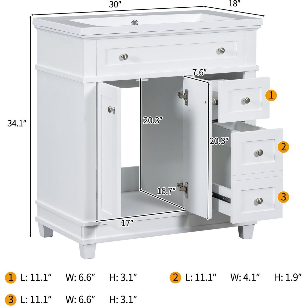 30" Bathroom Vanity Cabinet with Sink Combo Set, Undermount Resin Sink, Free Standing Vanity Set with 2 Drawers& Soft Closing Doors, Solid Wood Frame Bathroom Cabinet, White