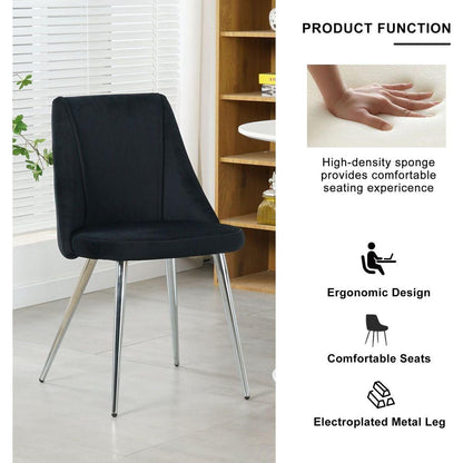 Modern simple velvet black dining chair home bedroom stool back dressing chair student desk chair chrome metal legs(set of 4)