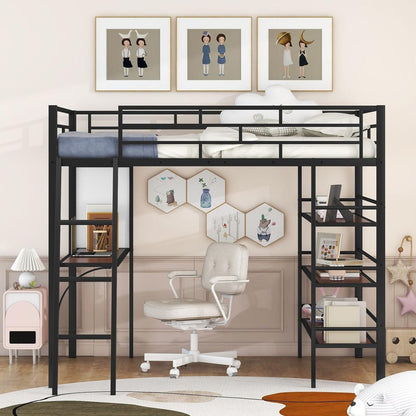 Full Size Loft Metal Bed with 3 Layers of Shelves and Desk, Stylish Metal Frame Bed with Whiteboard, Black