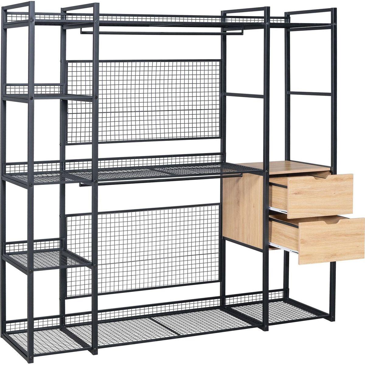 Open-Style Wardrobe with Hanging Rails, Shelves and Drawers, Black