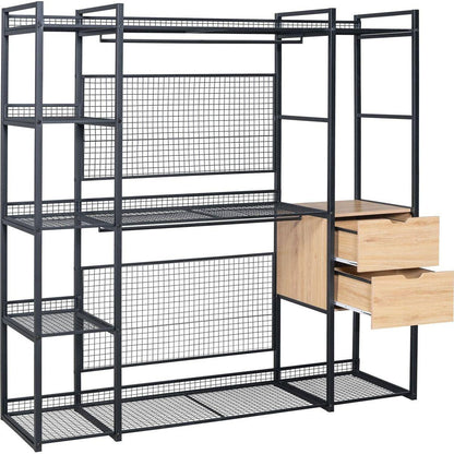 Open-Style Wardrobe with Hanging Rails, Shelves and Drawers, Black
