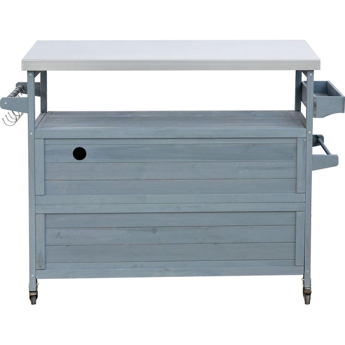 Outdoor Kitchen Island, Rolling Bar Cart & Storage Cabinet, Farmhouse Solid Wood Outdoor Grill Table with Stainless Steel Top, Spice Rack, Towel Rack for Kitchen & BBQ, Grey Blue