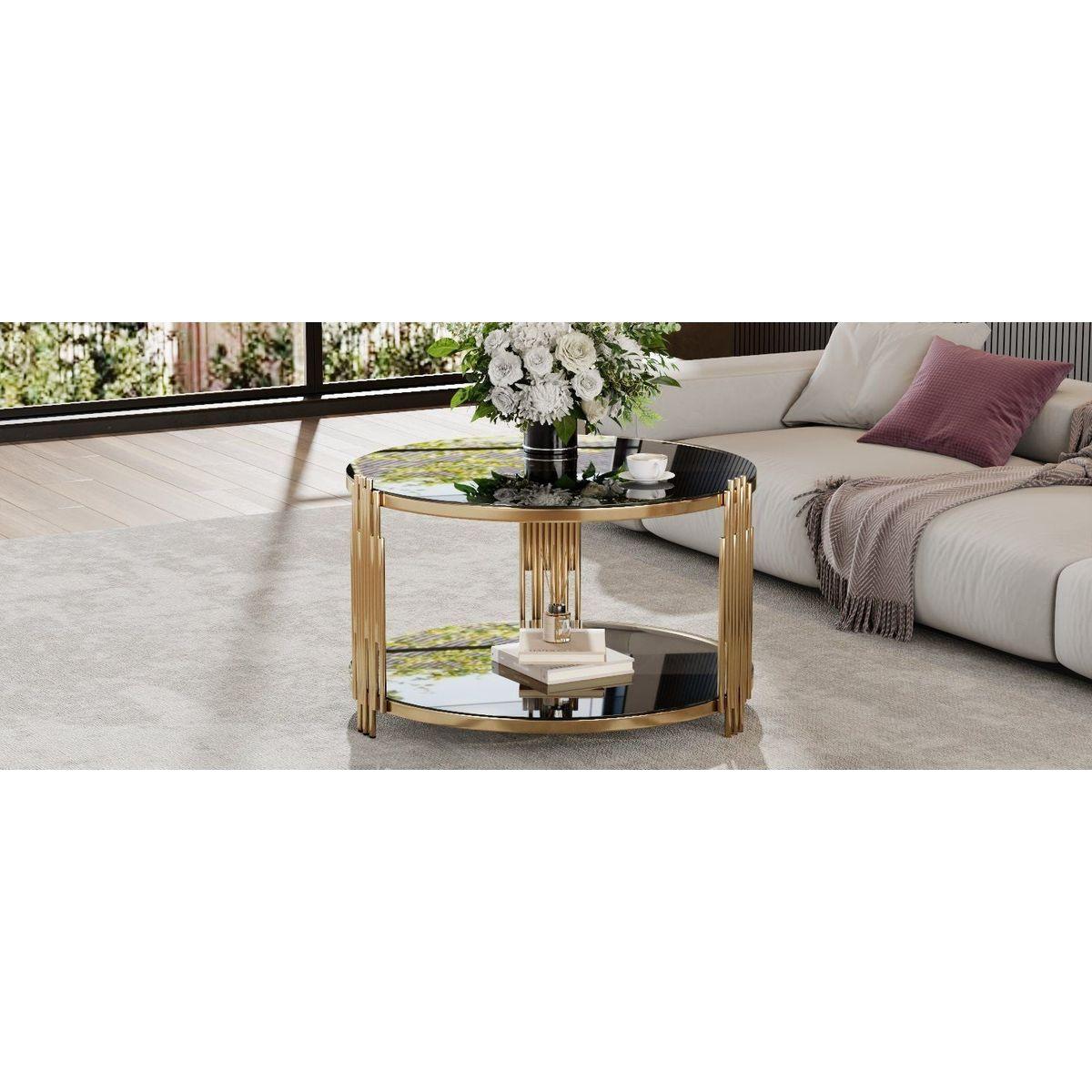 Modern Black Mirror Coffee Table, Asymmetrical Metal, Circular Metal Drum Base, Gold Finish & Lower Shelf