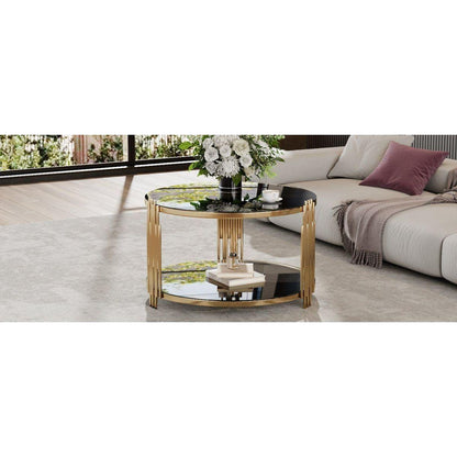 Modern Black Mirror Coffee Table, Asymmetrical Metal, Circular Metal Drum Base, Gold Finish & Lower Shelf