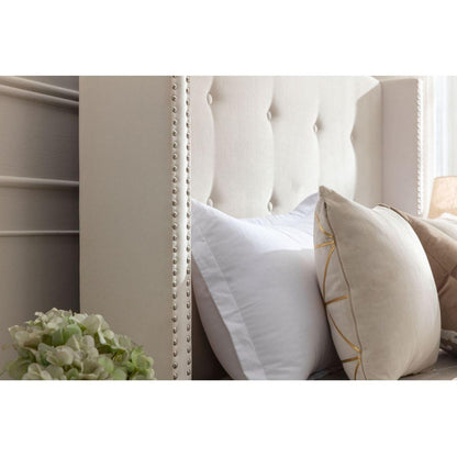 Upholstered King Bed / 54" High Headboard / Traditional Hand Buttoned Tufting / Nailhead Trim Wingback / No Box Spring Needed / Easy Assembly / Ivory Velvet