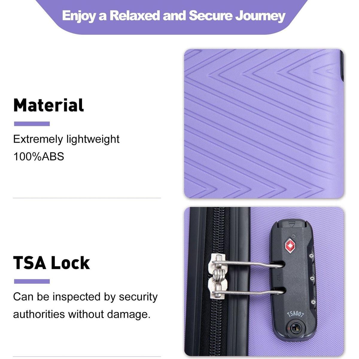luggage 4-piece ABS lightweight suitcase with rotating wheels, 24 inch and 28 inch with TSA lock, (16/20/24/28) LIGHT PURPLE
