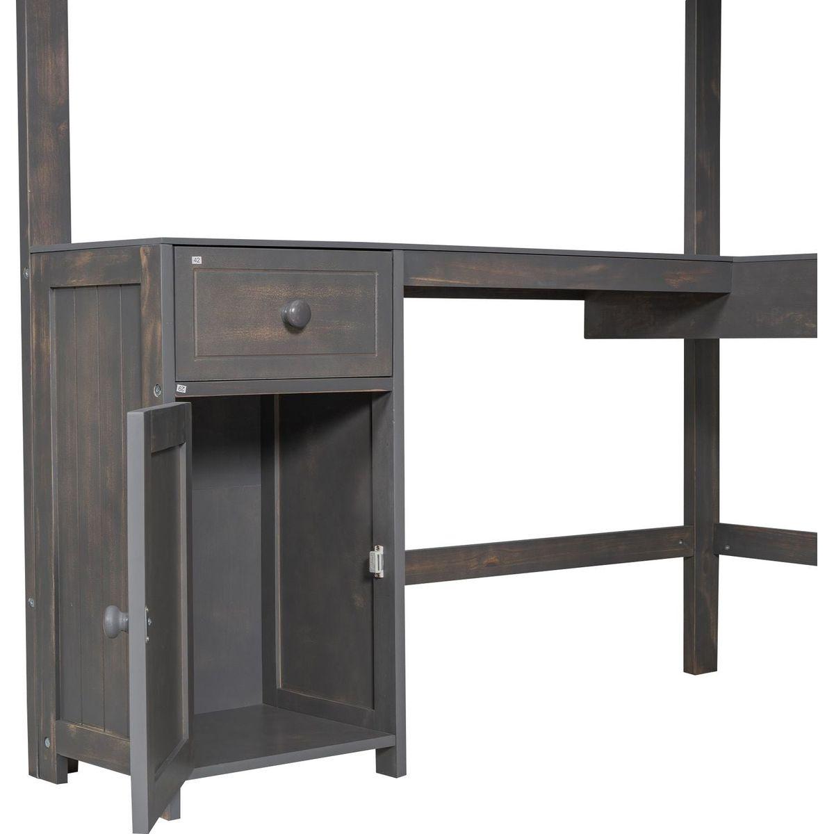 Full Size Loft Bed with U-shaped Desk, Drawers and Storage Shelves, Antique Brown