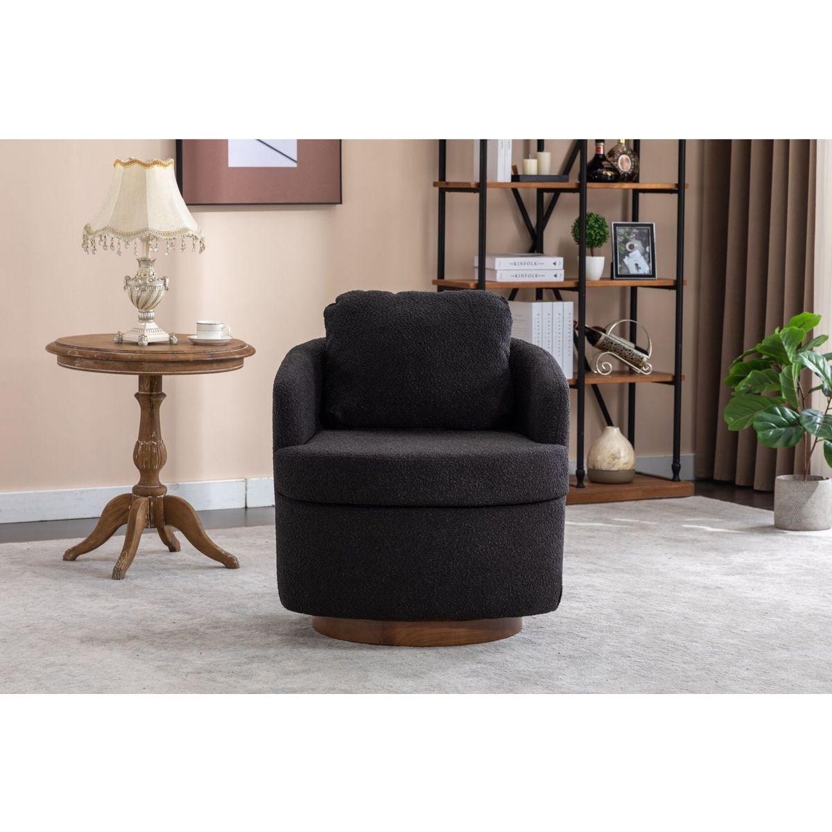 Boucle Fabric Swivel Accent Chair With Soild Wood Round Brown Base Leg,Black