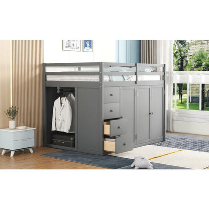 Full Size Wood Loft Bed With Built-in Wardrobes, Cabinets and Drawers, Gray