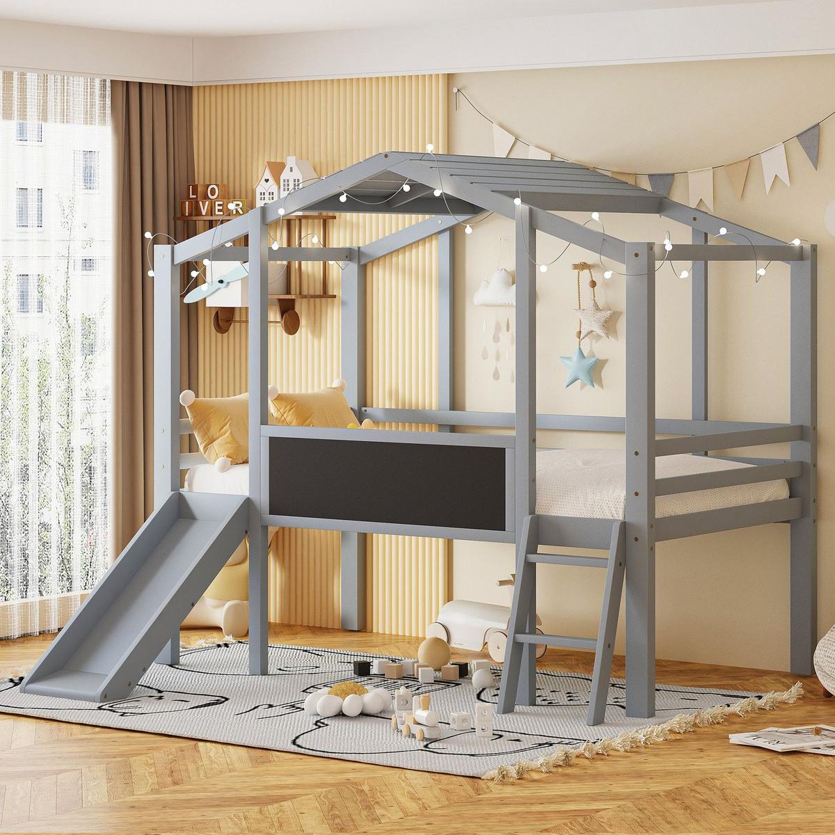 Twin Size Loft Bed with Ladder and Slide, House Bed with Blackboard and Light Strip on the Roof, Gray