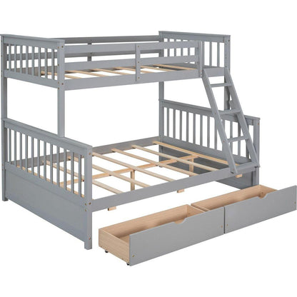 Twin-Over-Full Bunk Bed with Ladders and Two Storage Drawers(Gray){o