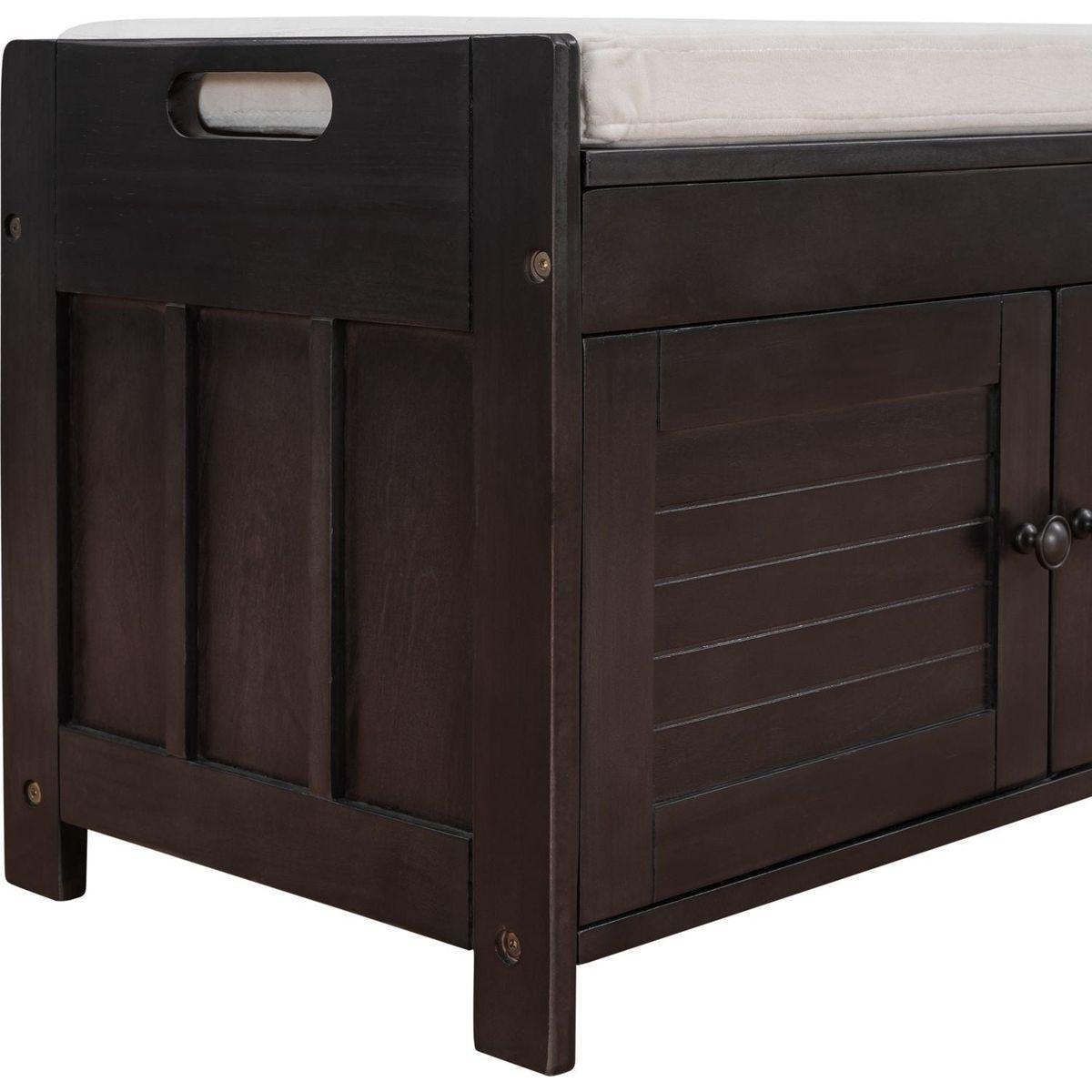 Storage Bench with 3 Shutter-shaped Doors, Shoe Bench with Removable Cushion and Hidden Storage Space (Espresso