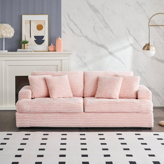 79.3 inches long, Corduroy Sofa, with 4 Matching Toss Pillows Sleek Design Spacious and Comfortable 3 Seater Couch for Modern Living Room,PINK