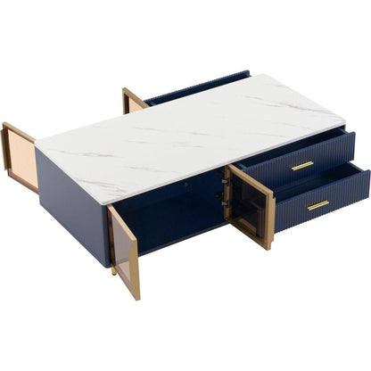 Modern Navy Blue Coffee Table with 2 Glass Door Storage, 4 Drawers, Gold Metal Legs, and Multi-Color Lighting in 47.2"