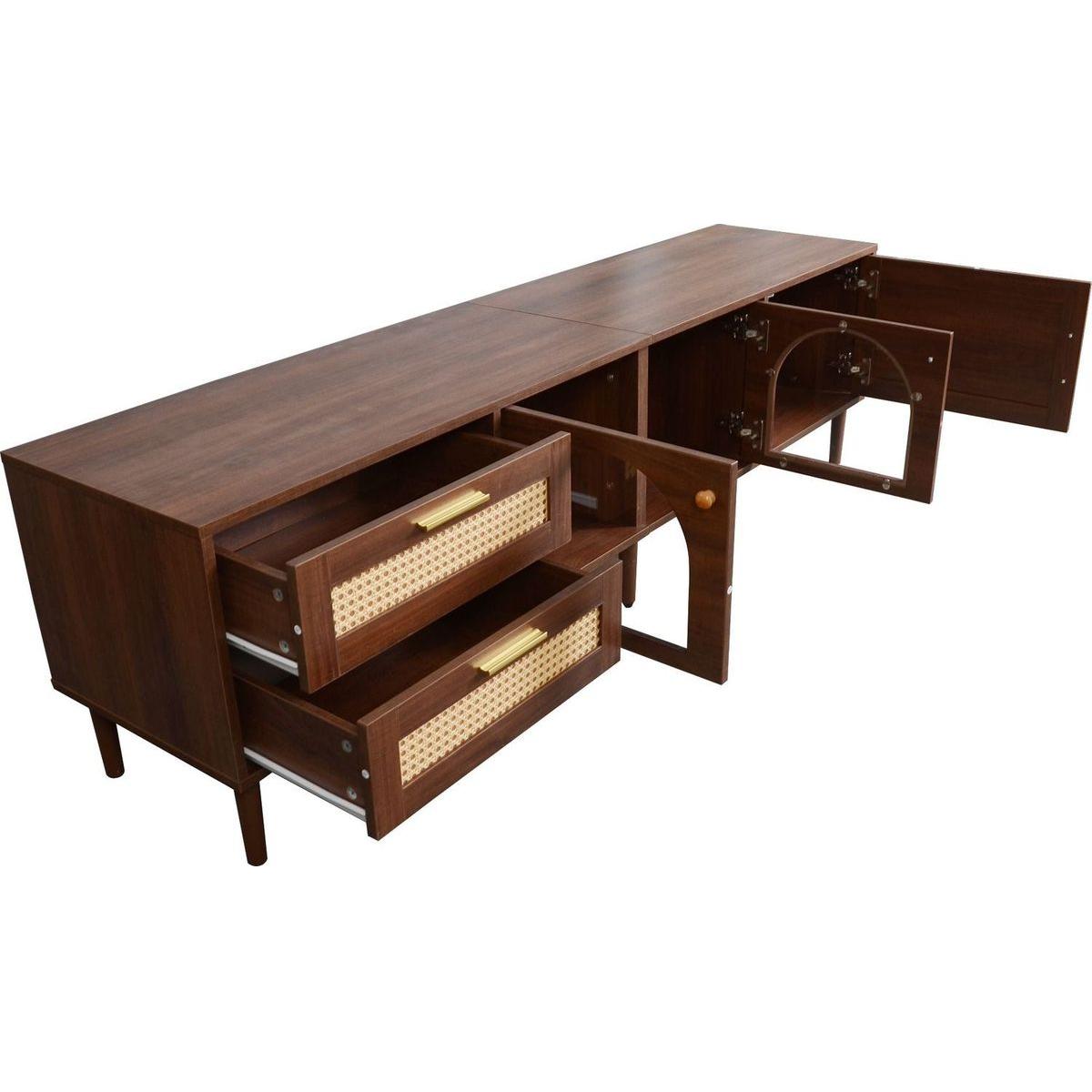 Rattan TV Stand with 3 Cabinets & 2 Drawers, Rattan-inspired Media Console Table for TVs up to 80", LED Light Entertainment Center, TV cabinet for Living room, Bedroom, Home Theatre - Streamdale Furniture
