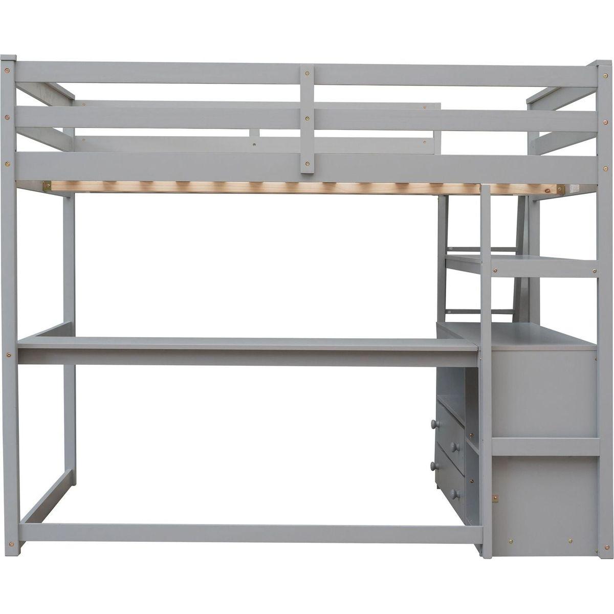 Full Size Loft Bed with Desk and Shelves,Two Built-in Drawers,Gray