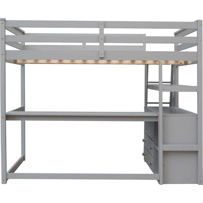 Full Size Loft Bed with Desk and Shelves,Two Built-in Drawers,Gray
