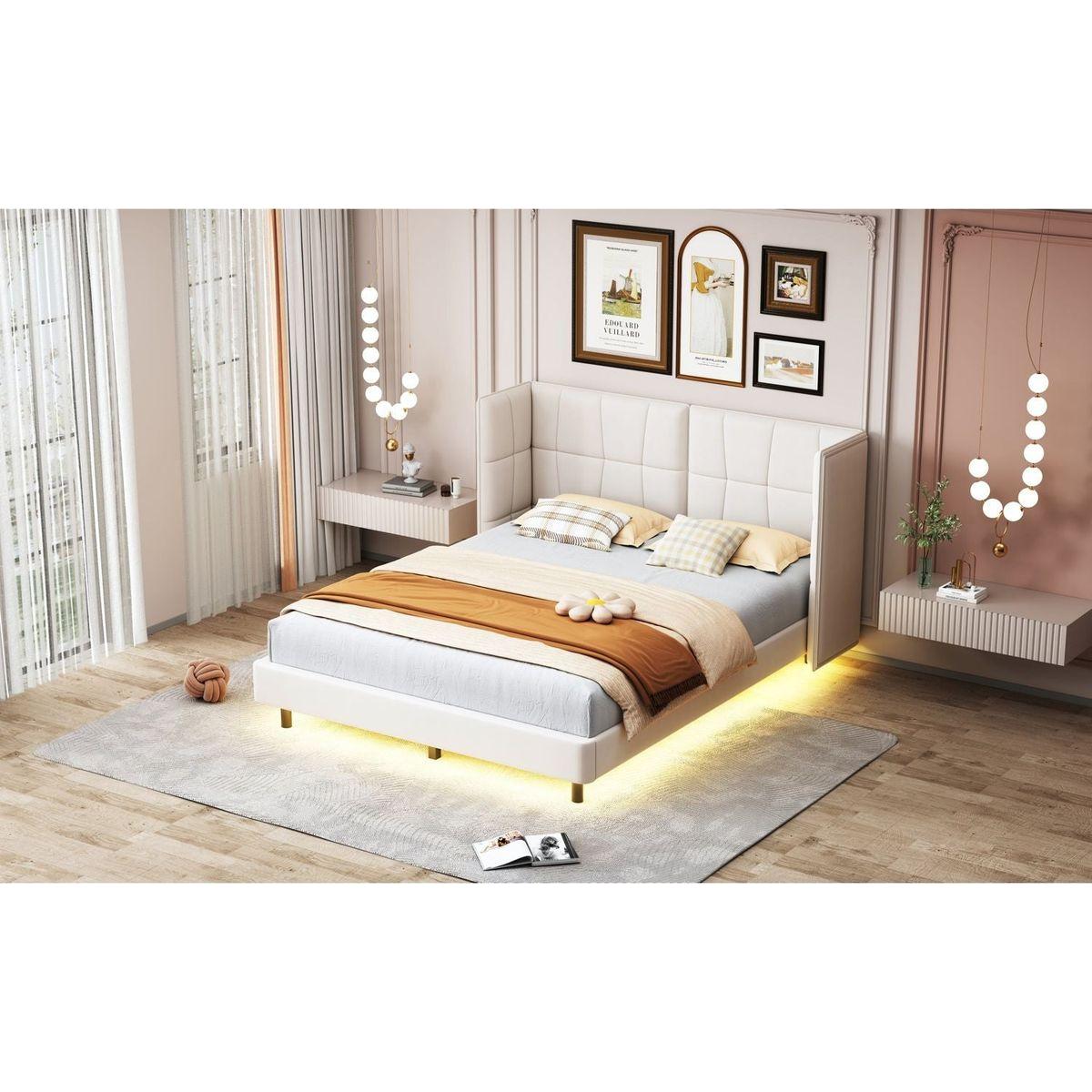 Queen Size Upholstered Platform Bed with LED Lights and U-Shaped Headboard, Linen Fabric, Beige