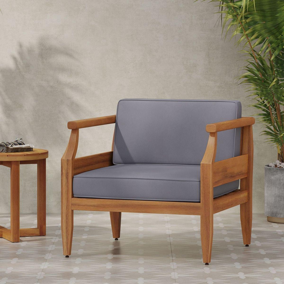 Aston Acacia Wood Outdoor Club Chairs with Cushions - Teak + Dark Gray